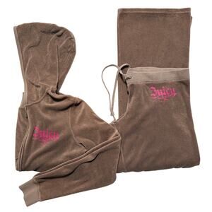 Juicy Couture Brown Velour Tracksuit Y2K Hoodie Pants 2 Piece Set XL